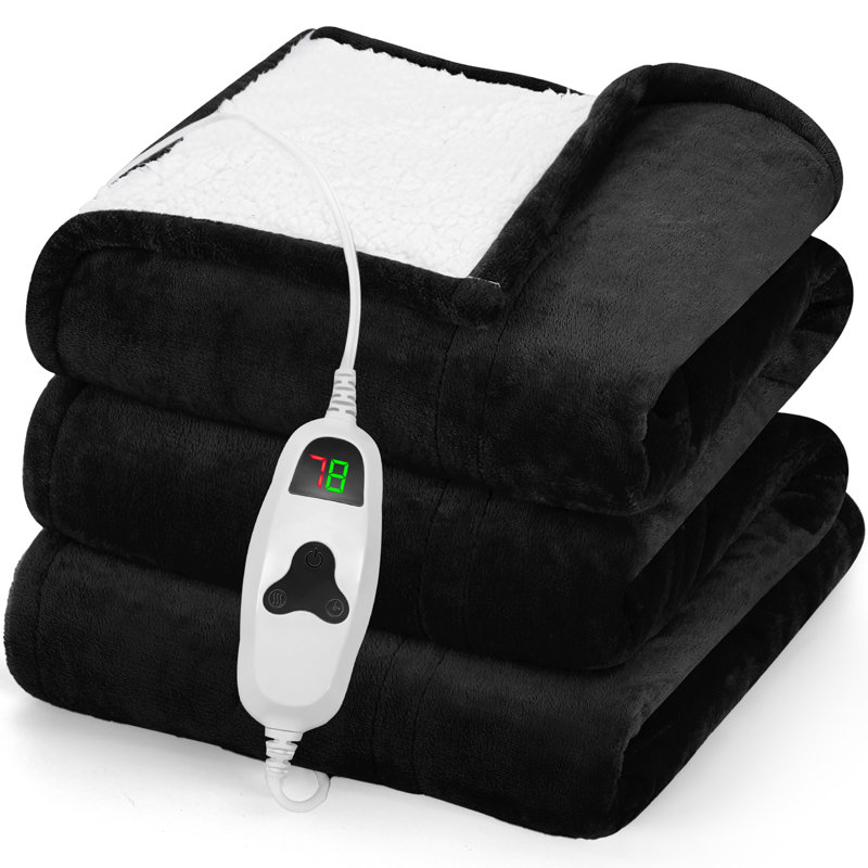 Couverture chauffante douce en sherpa avec contrôle, Noir, Lit simple