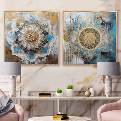 Mandala bleu et doré - ensemble de 2 collages carrés bohème