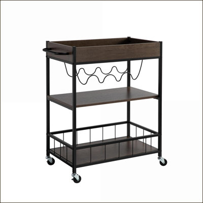 Chariot de cuisine roulant à 3 niveaux avec 4 porte-bouteilles, métal brun / noir industriel | Noyer | Panneau de particules
