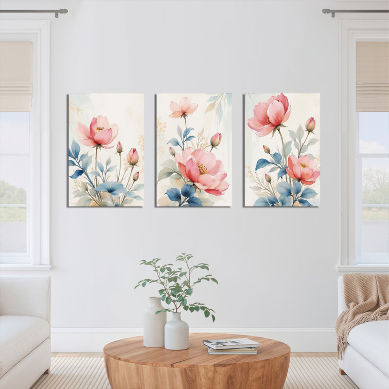 Toiles murales encadrées à motif pivoine rose et fleurs bleues (lot de 3), H 30 po x l 60 po
