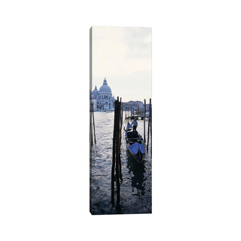 Gondolier In A Gondola With A Cathedral In The Background, Santa Maria Della Salute - Wrapped Canvas Panoramic Print