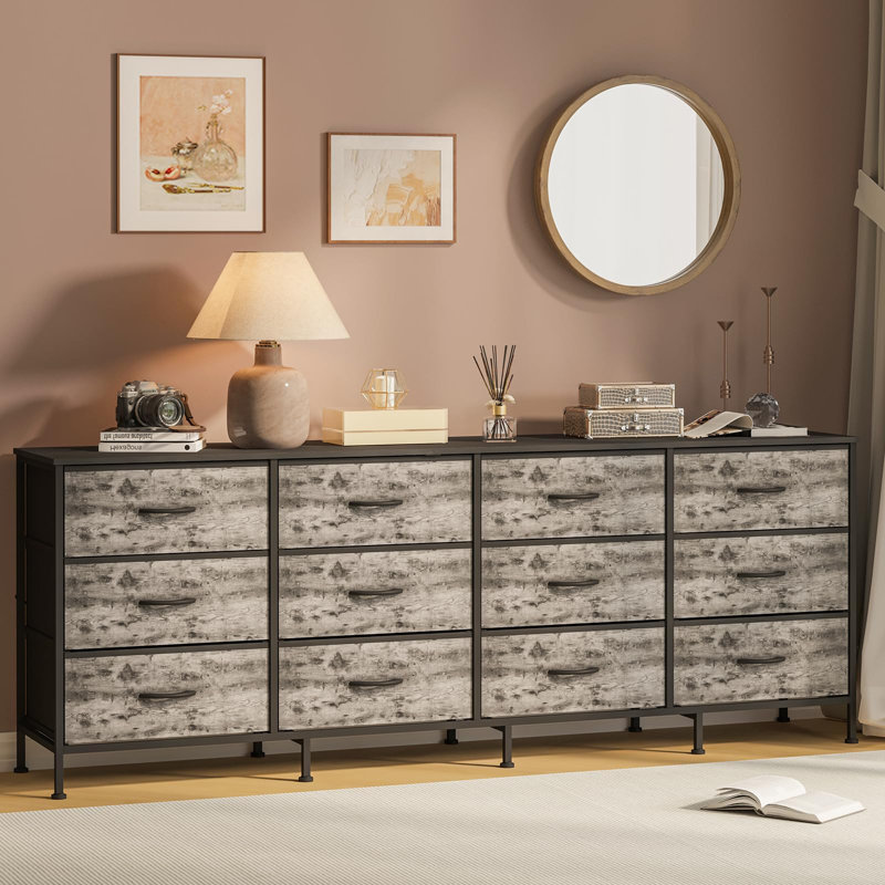 Meuble télé 70 po avec 12 tiroirs en tissu, station de charge et support pour téléviseur de 80 po ou moins, Gris
