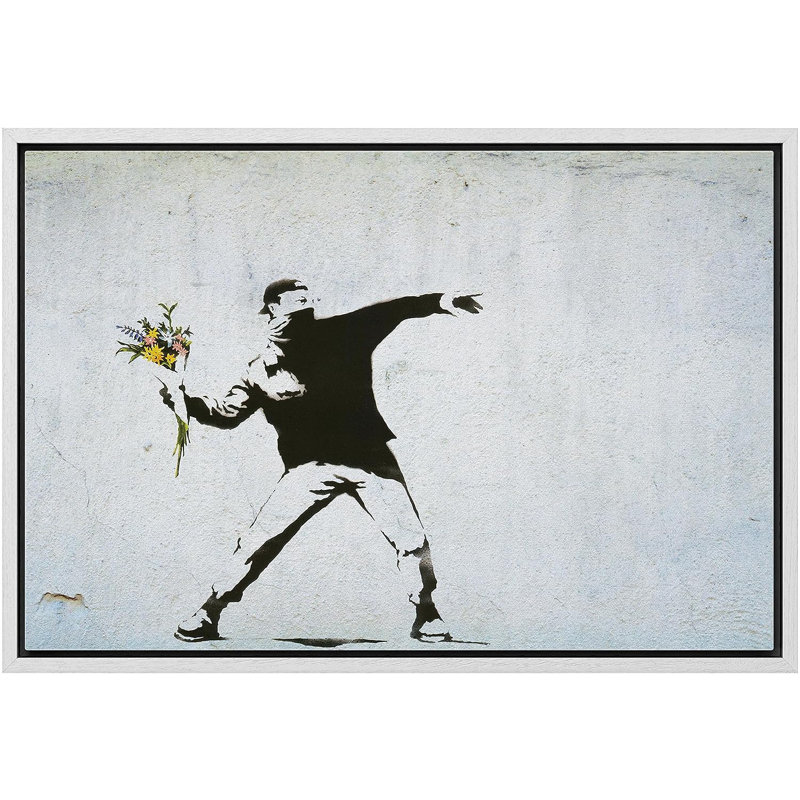 «Banksy Man Throws Yellow Flower Bouquet», reproduction sur toile encadrée, H 24 po x l 36 po x P 1,5 po, Blanc