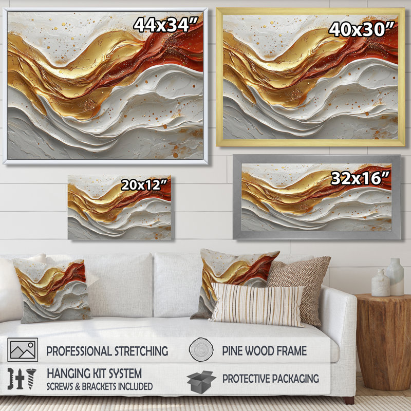 Rivière dorée de Calacatta, marbre abstrait II - art mural en marbre, H 30 po x l 40 po, Cadre flottant, Doré