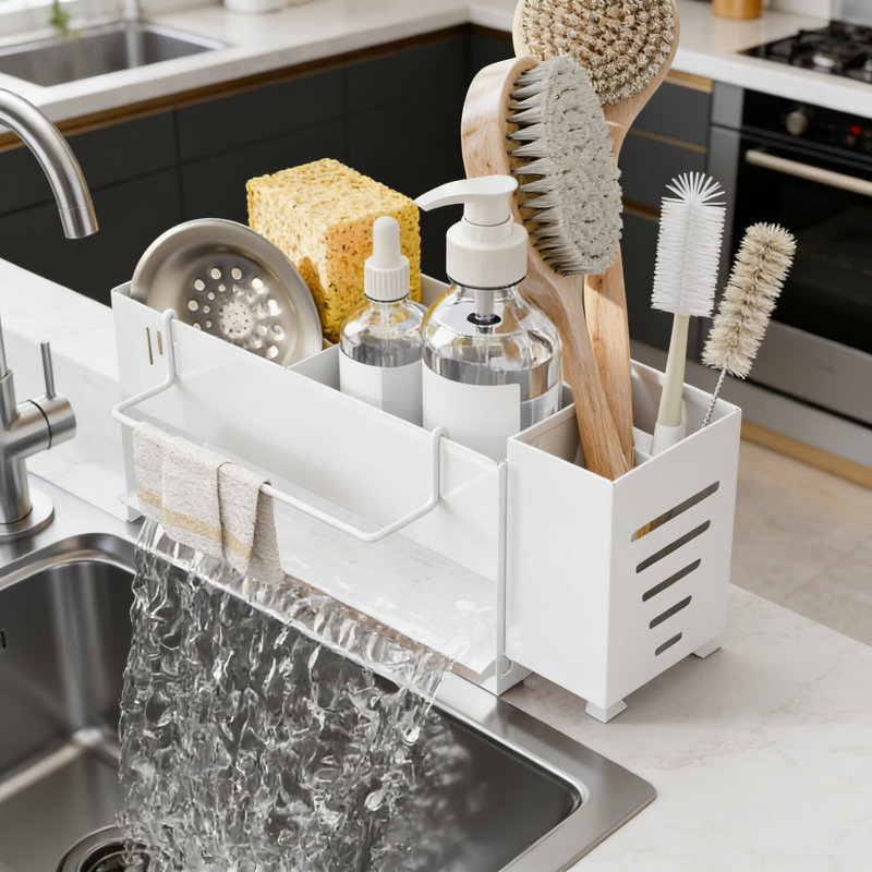 Organisateur de bac d'évier avec système de vidange automatique, éponge antirouille et porte-brosse pour un rangement de comptoir de cuisine peu encombrant