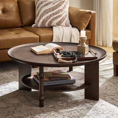 Transitional 40"W Round Unique Turned Spindle and Slab Leg Design Coffee Table with Storage Shelf