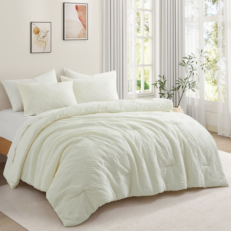 2-Piece Embossed Plush Comforter Set with Matching Pillow Sham, Soft All-Season Textured Bedding, Twin, Cream