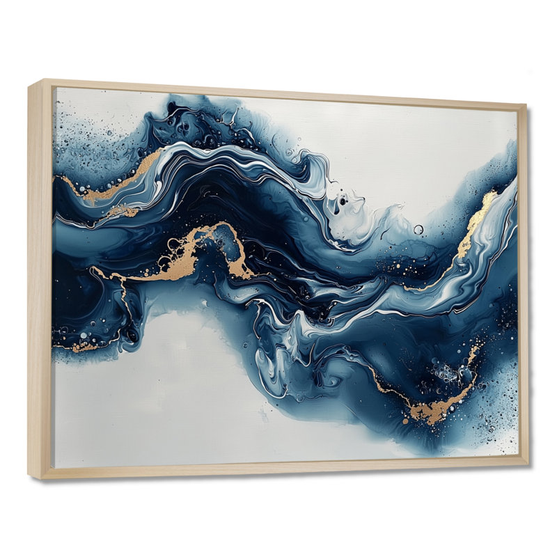 Or et bleu céleste fluidité III - encre liquide, art mural, H 34 po x l 44 po, Cadre flottant, Argent argent