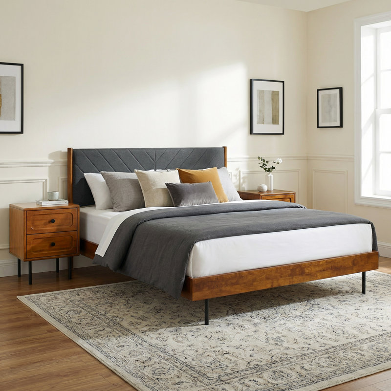 Lit plateforme en bois massif de qualité supérieure avec tête de lit rembourrée Acacia Astoria, King, Caramel