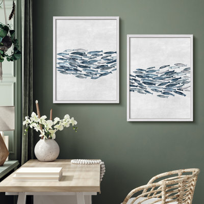 2-Piece Watercolor Fish School Wall Art Set – Minimalist Ocean-Themed Marine Framed Prints in Blue Tones for Coastal or Bathroom Décor