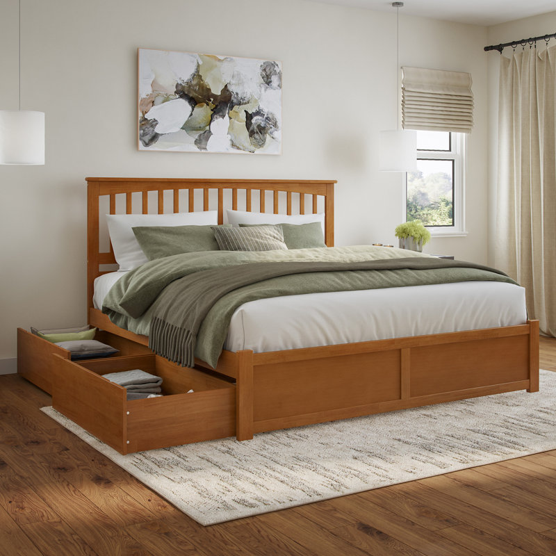 Mission Solid Wood Platform Bed with Footboard & Storage Drawers, King, Light Toffee