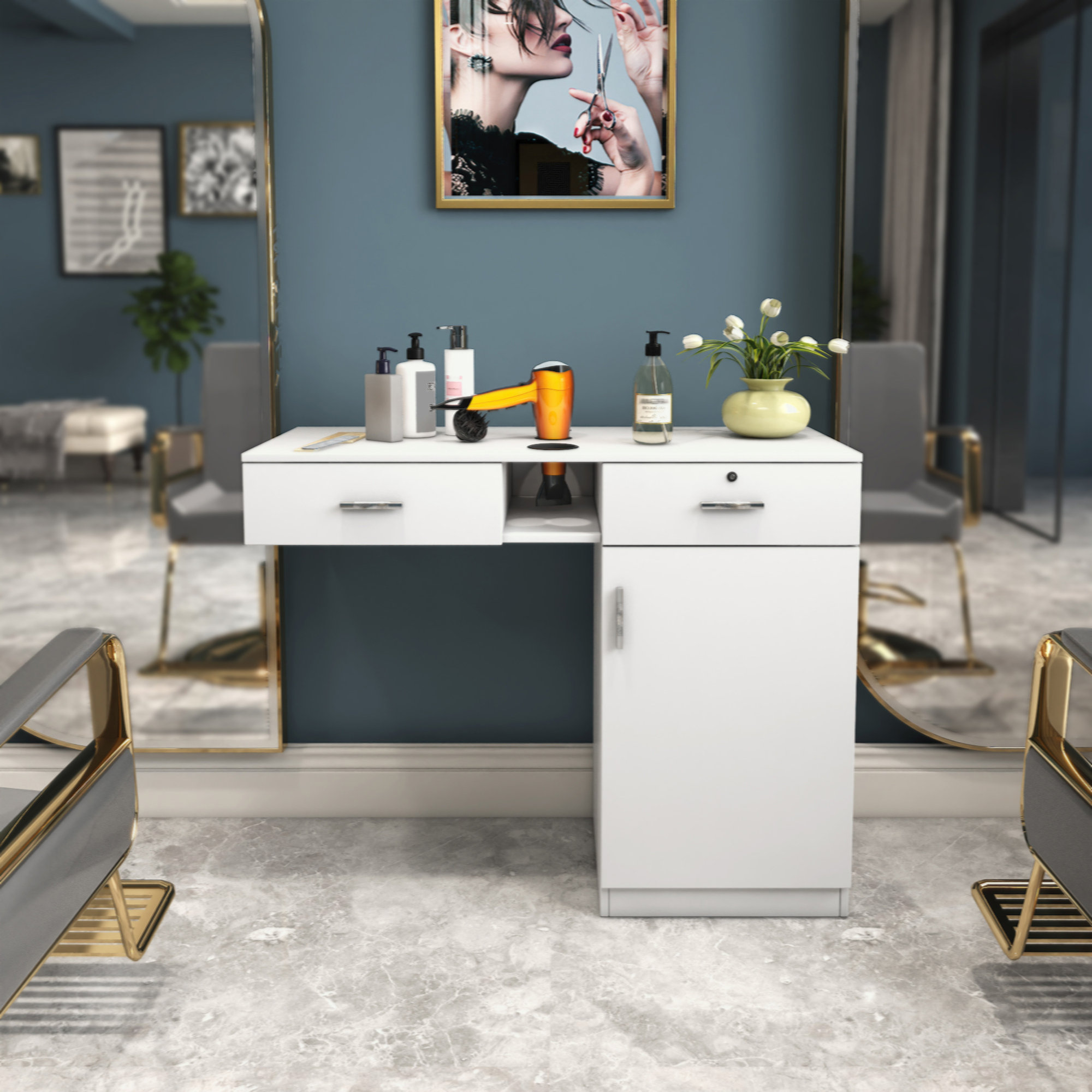 thumbnail interactive-video image 1 of RESHABLE Wall Mount Barber Salon Station – Black, With Drawers & Lockable Castors – Stylist Storage 1 of 5