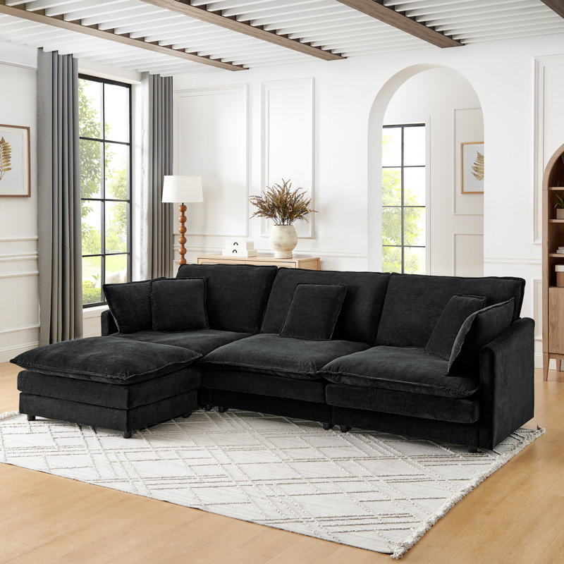 Canapé modulaire en L avec repose-pieds et canapé convertible surdimensionné pour 4 personnes Modern Home Living, Tissu noir