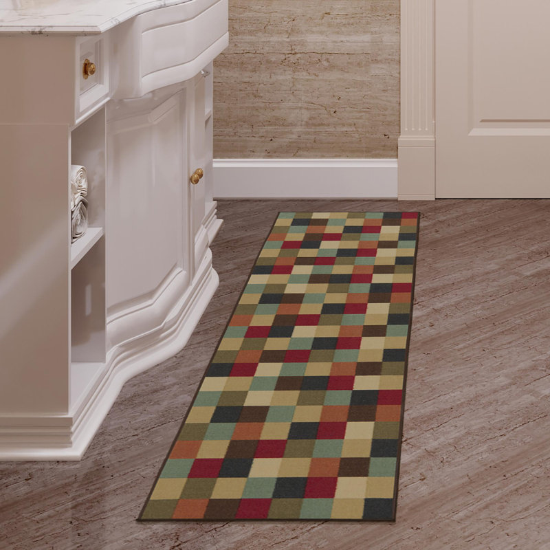 Contemporary Checkered Multicolor Low Pile Runner Rug, 84"L x 22"W