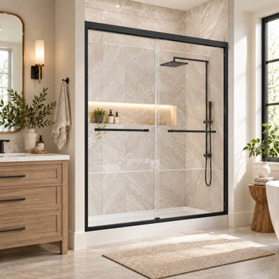 44" - 48" W x 72" H Double Sliding Framed Shower Door with 1/4-in (6mm) Tempered Glass and Quiet Rollers