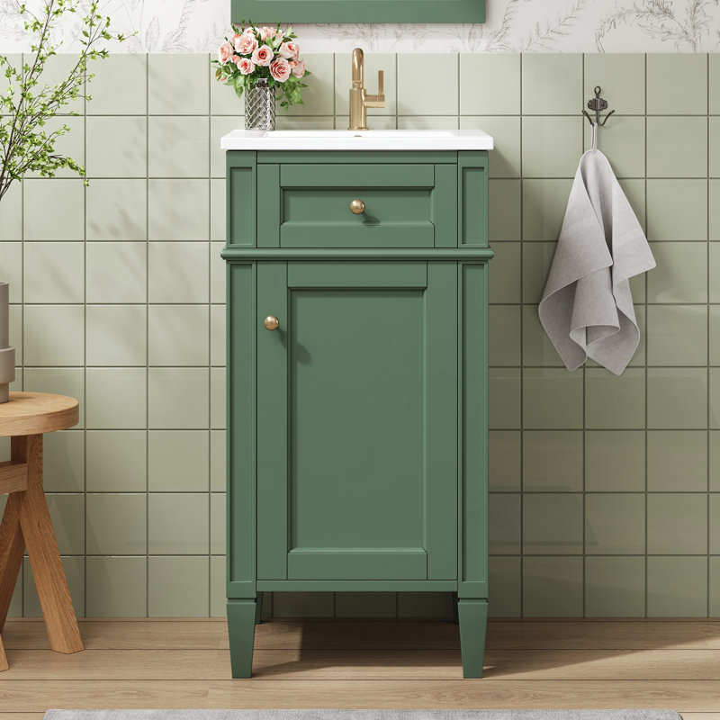 Meuble-lavabo de salle de bain avec lavabo en céramique, tablette réglable, Vert