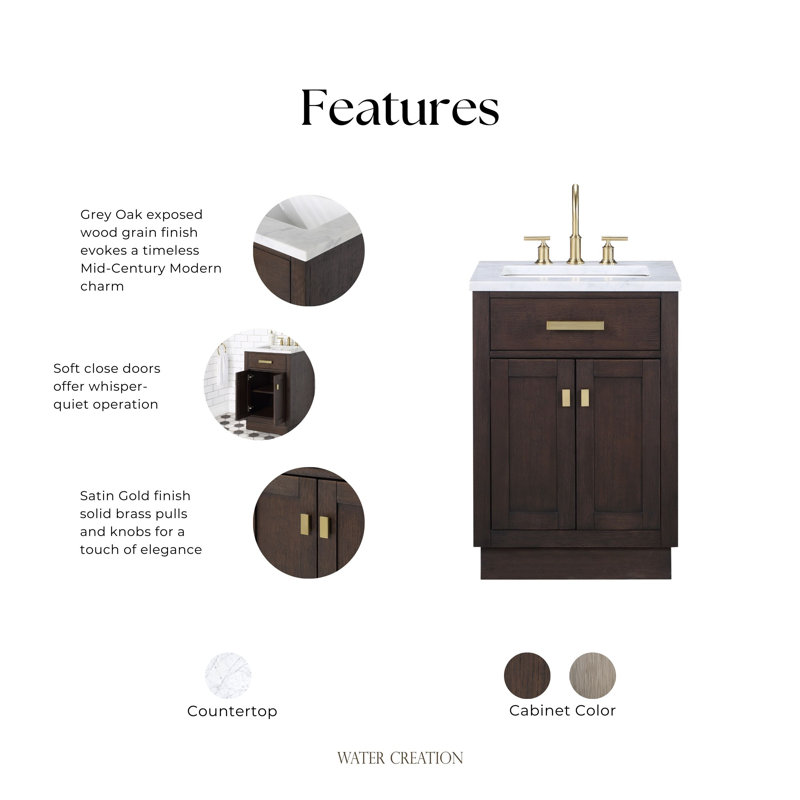 Chestnut 24" Carrara White Marble Countertop Bath Vanity with Faucet, Brown Oak / Satin Gold, No