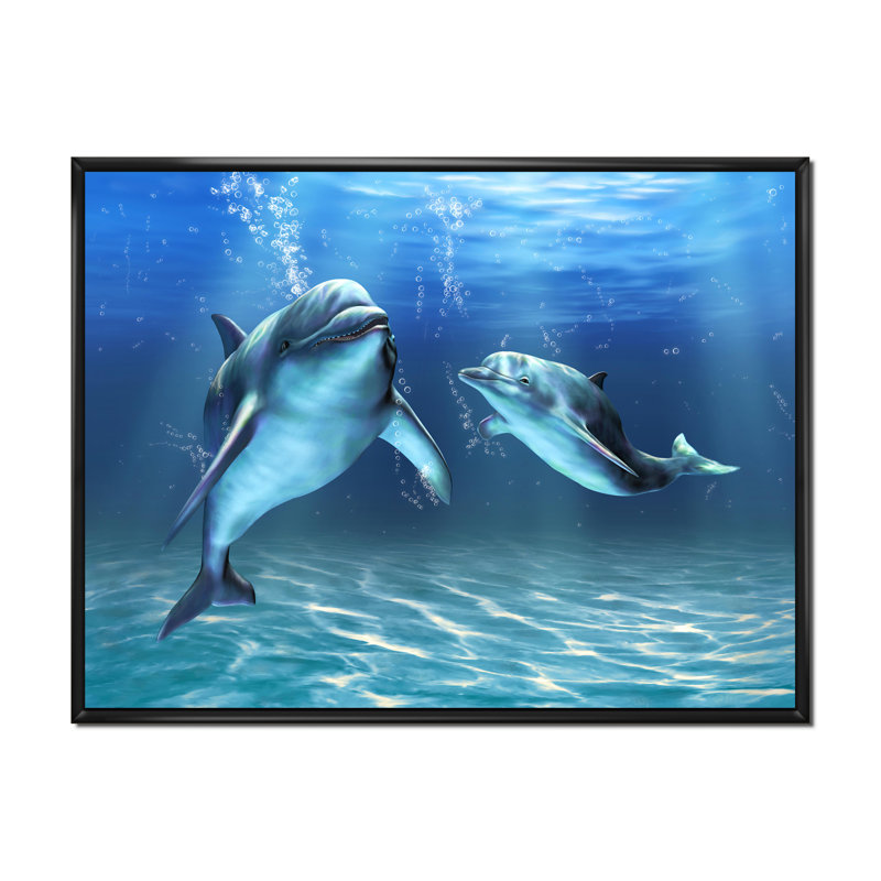Deux dauphins bleus - Impression sur toile, H 30 po x l 40 po, Cadre flottant noir