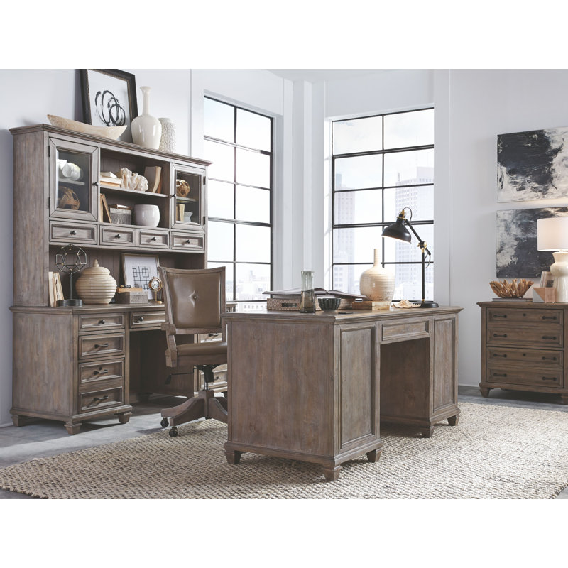Executive Desk With Door Bookcase Credenza And Hutch, 3 Pieces: Desk, Bookcase, Credenza , Dovetail Gray