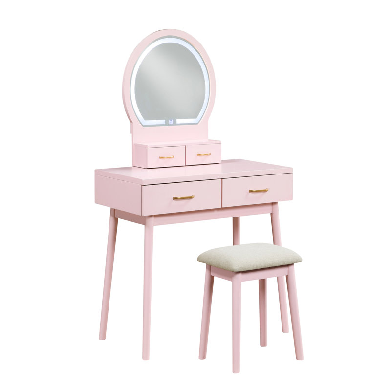 Commode de coiffeuse rose avec miroir et tabouret, Rose