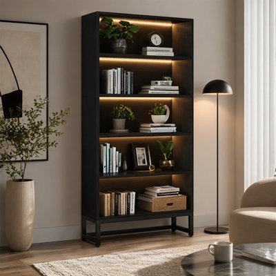 Bibliothèque à cinq niveaux avec lumières DEL et cadre en métal robuste pour le rangement de bureau personnel