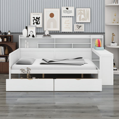 Daybed With Storage Shelves, Multi-Functional Bed With Two Storage Drawers And Study Desk