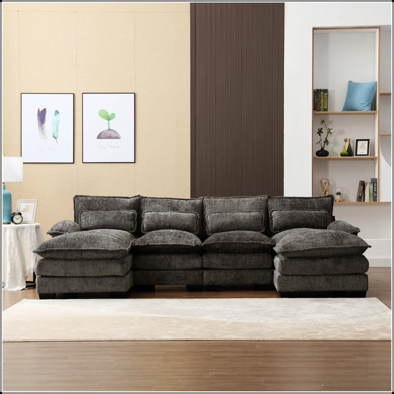 Modern Large chenille Fabric U-Shape Sectional Sofa, Gray Fabric