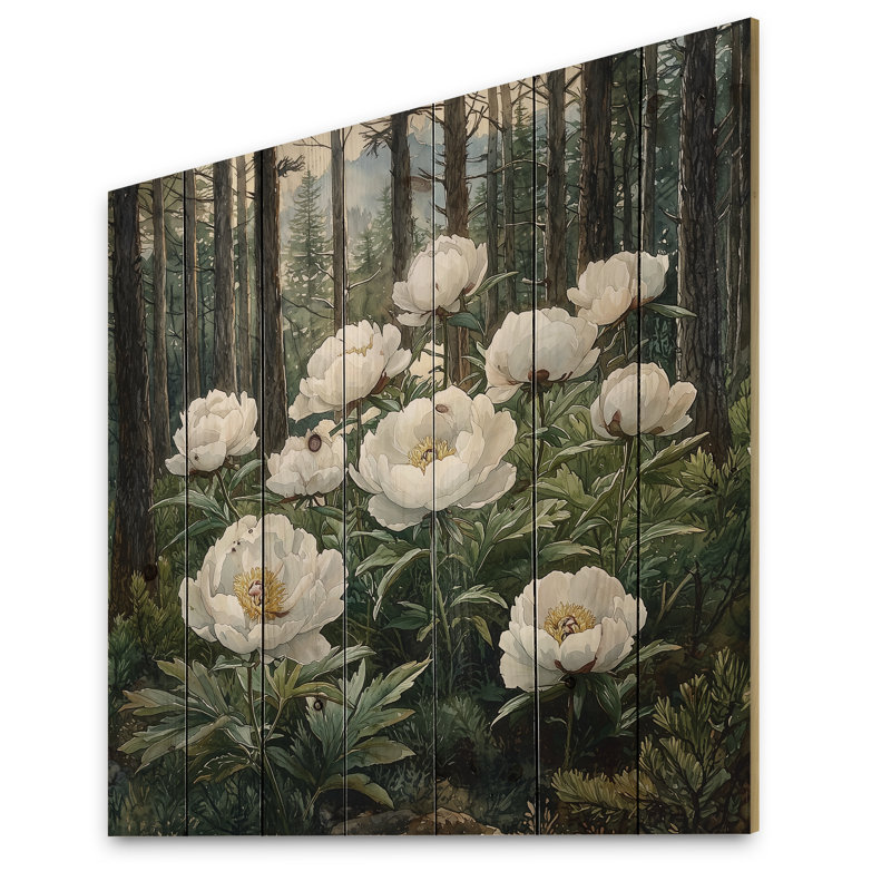 Peonies In The Alpine Forest IV - Peonies Wood Print - On Natural Pine Wood, 15" H x 15" W x 0.78" D