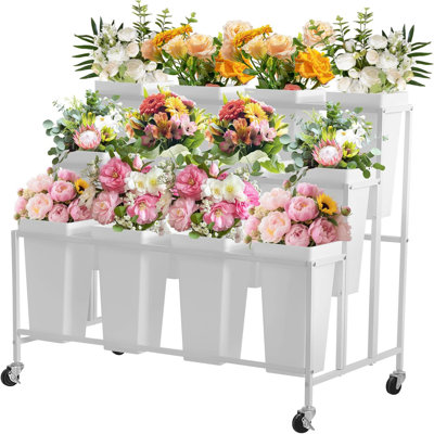 Heavy Duty 3-Tier Metal Rolling Flower Stand with 12 Removable Buckets & Lockable Wheels - Mobile Floral Rack for Wedding, Event, Indoor & Outdoor Garden