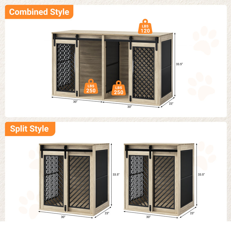 61" W Separable Large Dog Crate Furniture with Divider – Versatile Design for Multiple Dogs and Spaces, Oak