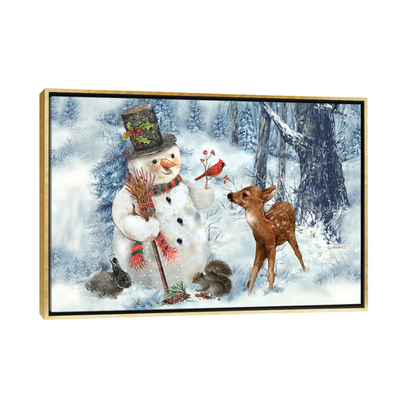 « Woodland bonhomme de neige » par Giordano studios-impression, H 26 po x l 40 po x 1,5 po, Toile encadrée d'or, Pas de tapis