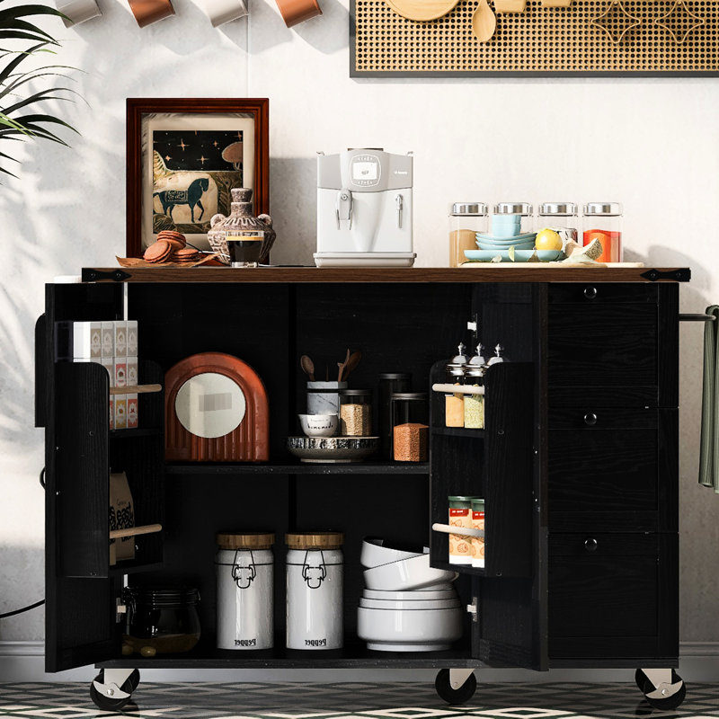 54.5" Farmhouse Kitchen Island With Power Outlet, Kitchen Storage Island  With Internal Storage Rack, Drop Leaf, Spice Rack, Rolling Kitchen Cart On Wheels, For Home, Kitchen And Dining Room
