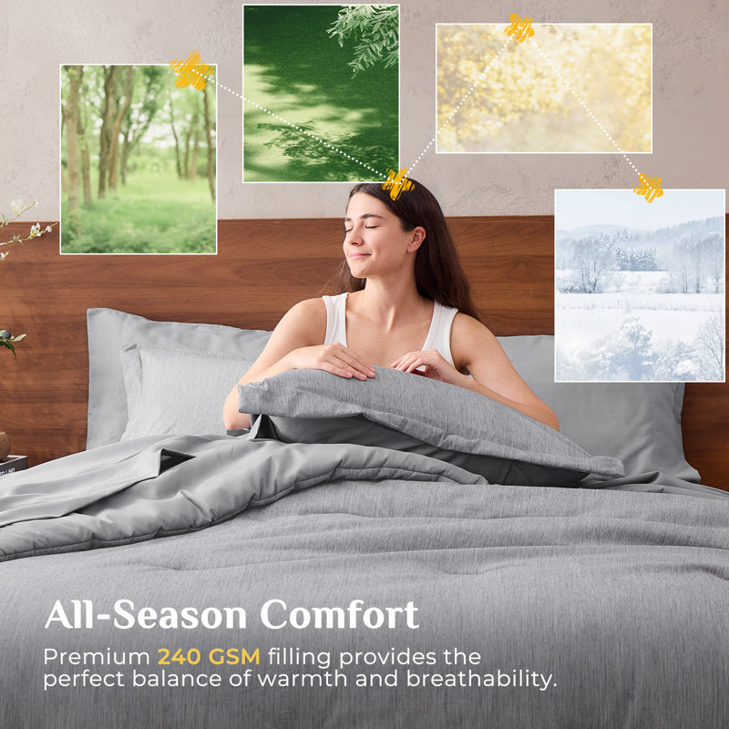 JOLLYVOGUE King Comforter Set 7 Pieces Grey, Cationic Dyeing Bed in a Bag King, Double-Tone Bedding Set with Down Alternative Comforter, Sheets, Pillowcases & Shams