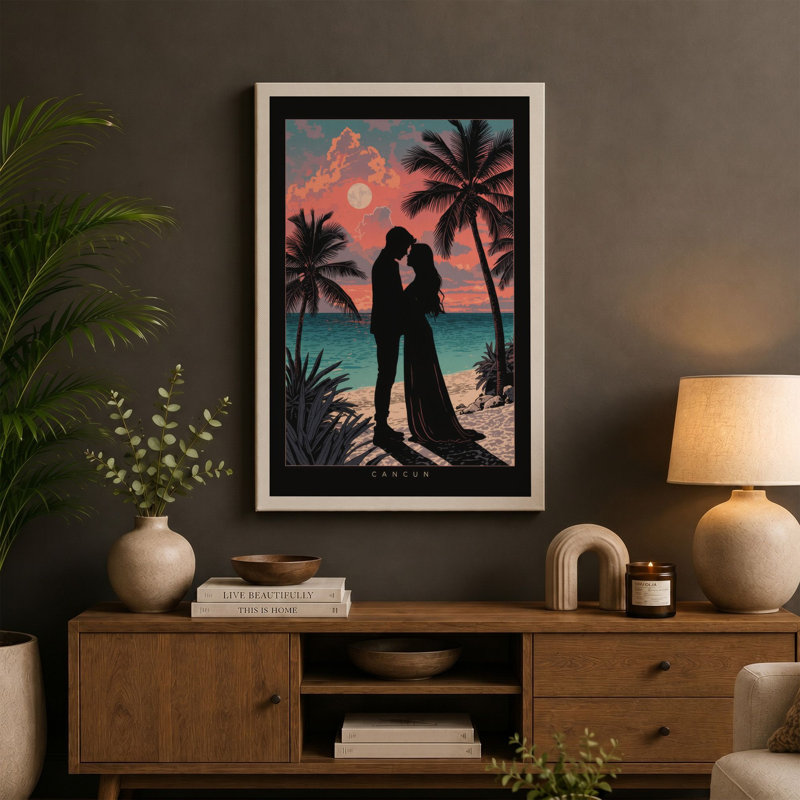 Sunset Embrace Tropical 1 Piece Wrapped Canvas Wall Art, 24x16 - 61.0 x 40.6 cm, Ochre Border