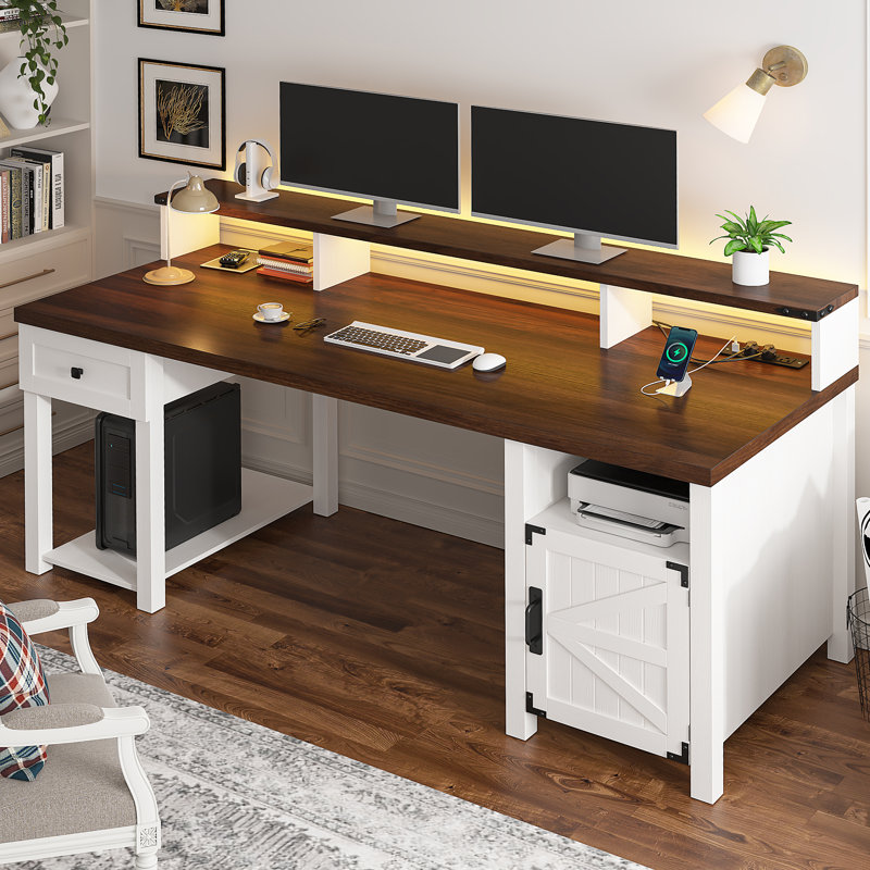 55" Computer Desk With Drawers Home Office Desk With Drawers With Monitor Shelf Farmhouse Wood Desk With Power Outlets