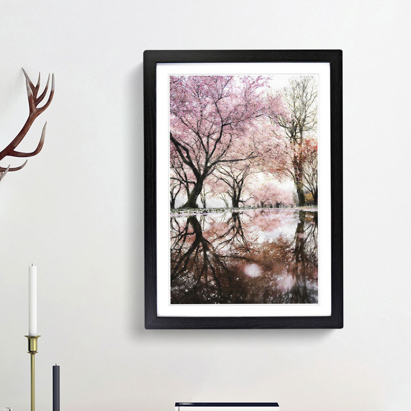 Reflection Of The Pink Blossom Trees - Single Picture Frame Painting on MDF, 63cm H x 45cm W x 2cm D, Black Framed