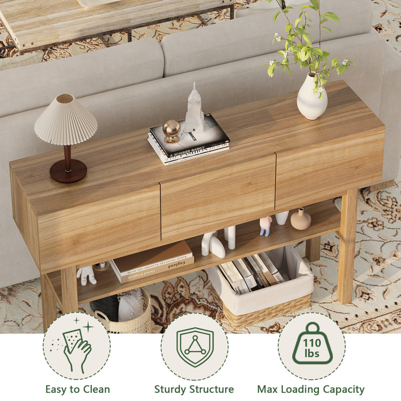 47" Retro Woodgrain Console Table with 3 Drawers & Shelf