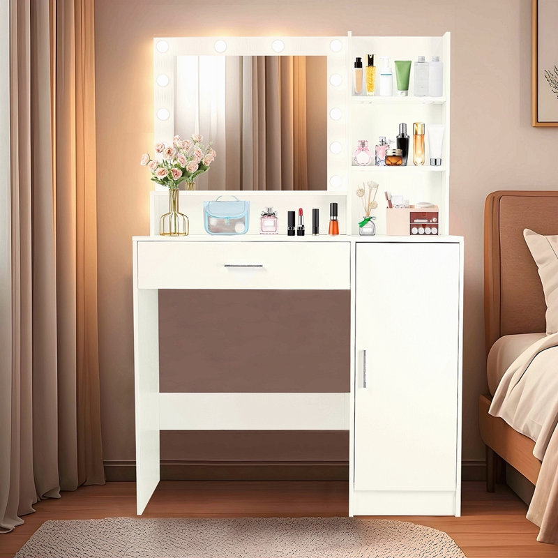Bureau de coiffeuse avec miroir et lumières, coiffeuse de maquillage avec tiroir et armoire de rangement, 3 modes d'éclairage à luminosité réglable, coiffeuse avec tablettes ouvertes pour la chambre à coucher, vestiaire