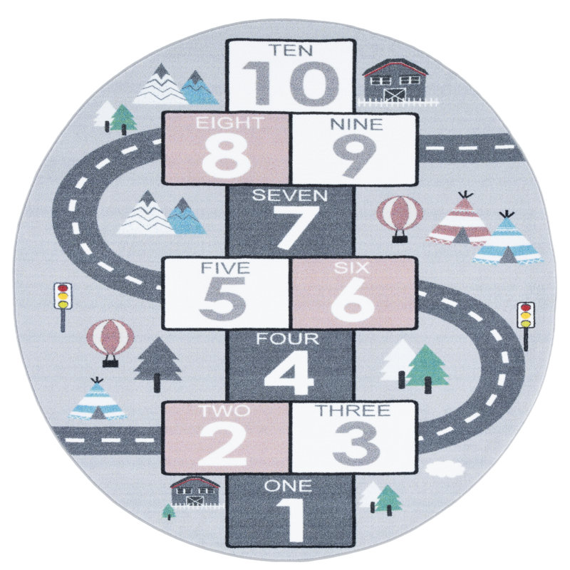 Kids Playhouse 200 Area Rug in Grey / Pink, Round 152 X 152cm