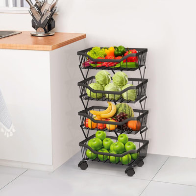 Fruit Basket For Kitchen 4 Tier Stackable Fruit Vegetable Storage Baskets With Wheels Metal Wire Storage Basket Organizer Cart For Kitchen Livingroom Diningroom Office