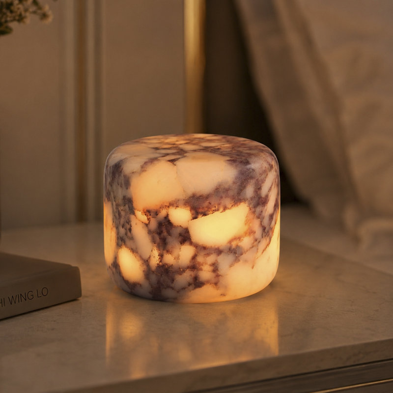 Natural Carrara Purple Marble Table Lamp, Rechargeable Cordless LED Night Light with 3-Level Dimmable Brightness, Portable Ambient Lamp for Bedroom, Bathroom, Living Room & Outdoor Use