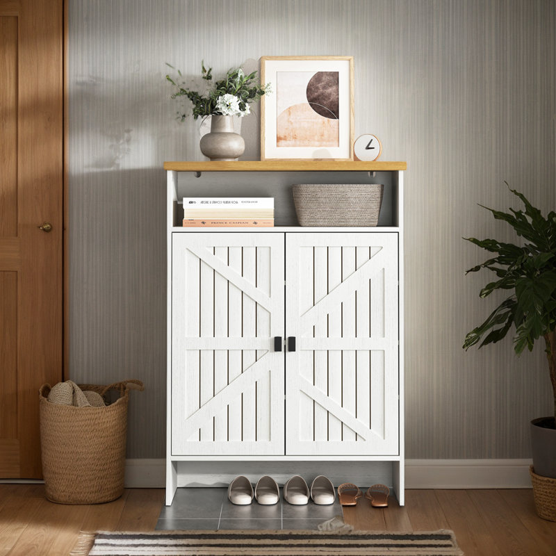 Multi-Functional Mdf Shoe Cabinet With 5-Layer Shelves And Open Storage, White And Natural