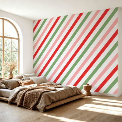 Wall Mural Peel and Stick Wallpaper Candy cane Christmas seamless Self-Adhesive Removable Contact Paper Wall Decor for Living Room Bedroom 69"H x 96"W
