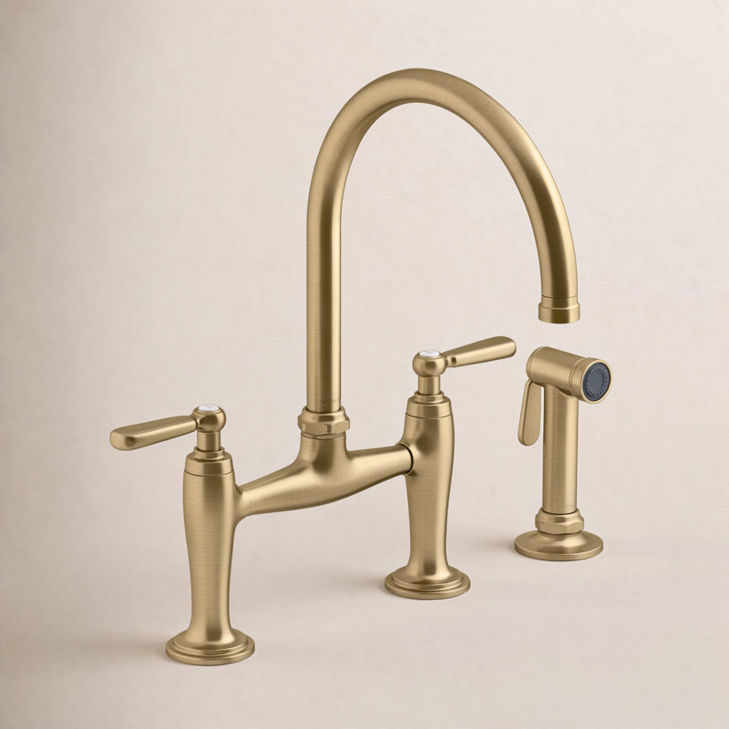 Edalyn by Studio McGee Two-Hole Bridge Kitchen Sink Faucet with Side Sprayer, Vibrant Brushed Moderne Brass