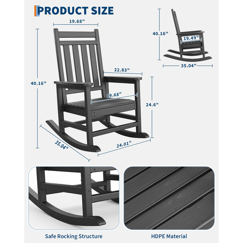 Poly Lumber Rocking Chair Outdoor Set of 2 with Side Table - HDPE High Back Porch Rocker Chairs for Adults - All Weather Resistant Furniture for Patio