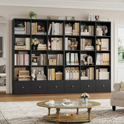 69" H x 47.2" W Tall Bookcase with 3 Drawers, 5-Tier Modern Bookshelf with 13.6" Extra-High Shelves, Large Display Shelf with 12 Open Cubes for Living Room Home Office, Black Bookcase