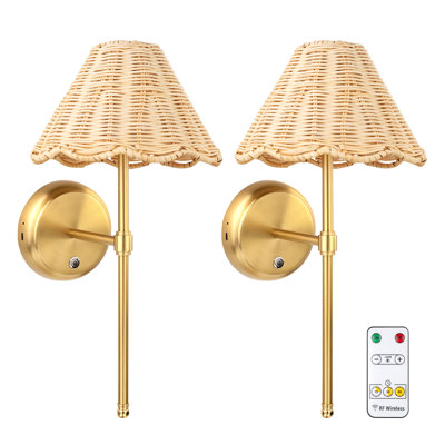 Ensemble de 2 appliques murales à piles en rotin bohème à piles, lampe murale à gradation continue, pile rechargeable de 5 200 mAh et DEL intégrée pour le couloir de la chambre à coucher du salon