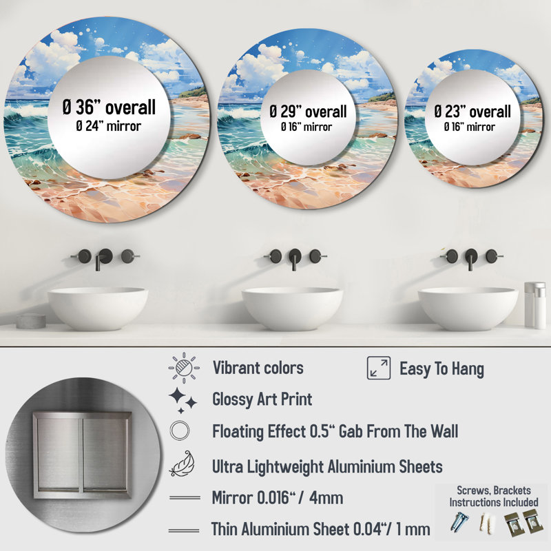 Relaxing Beach Breezes II - Beach Sand Wall Mirror, Teal Round Decorative Mirror, Printed Metal Art, 23" x 23"
