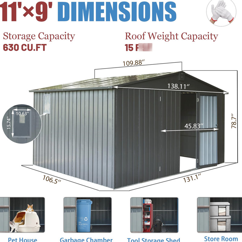 11'X 9' Dark Gray Shed, Galvanized Steel, Lockable Door, Ample Storage For Garden Tools & Bicycles, Weather- Outdoor Structure Shed 9', Gray, Steel Construction, Abundant Space Furniture, -