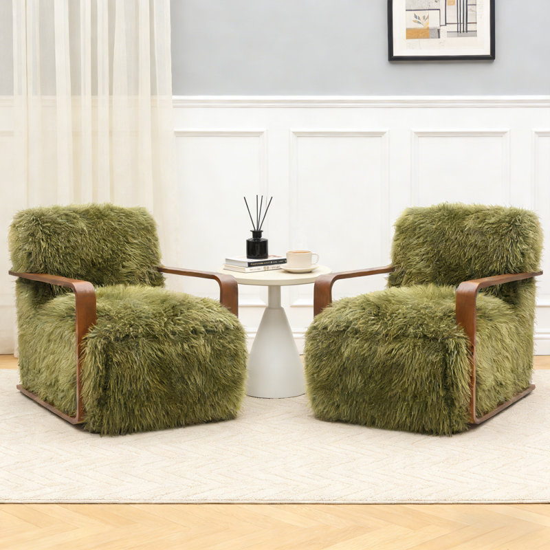 2-Pieces 28.3" Wide Faux Fur Accent Chair,Upholstered Lounge Chair With Curved Wooden Arms,Tight Back & Seat,Armchair For Living Room,Bedroom